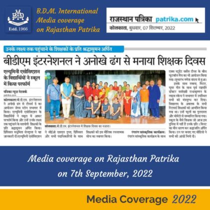 Media coverage Rajasthan Patrika on 7th September 2022